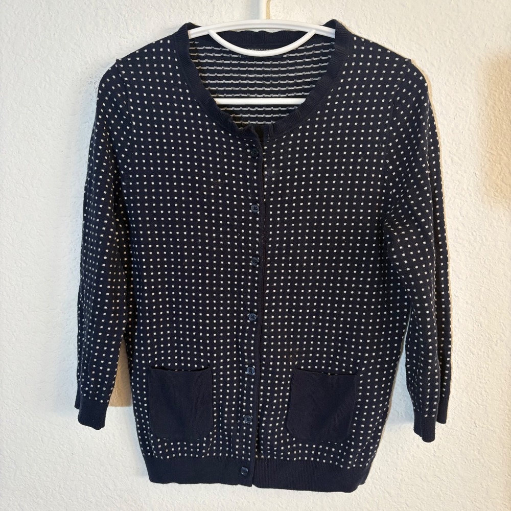 Banana Republic Cardigan Sweater Womens PS Navy Blue Micro Dot 3/4 Sleeve